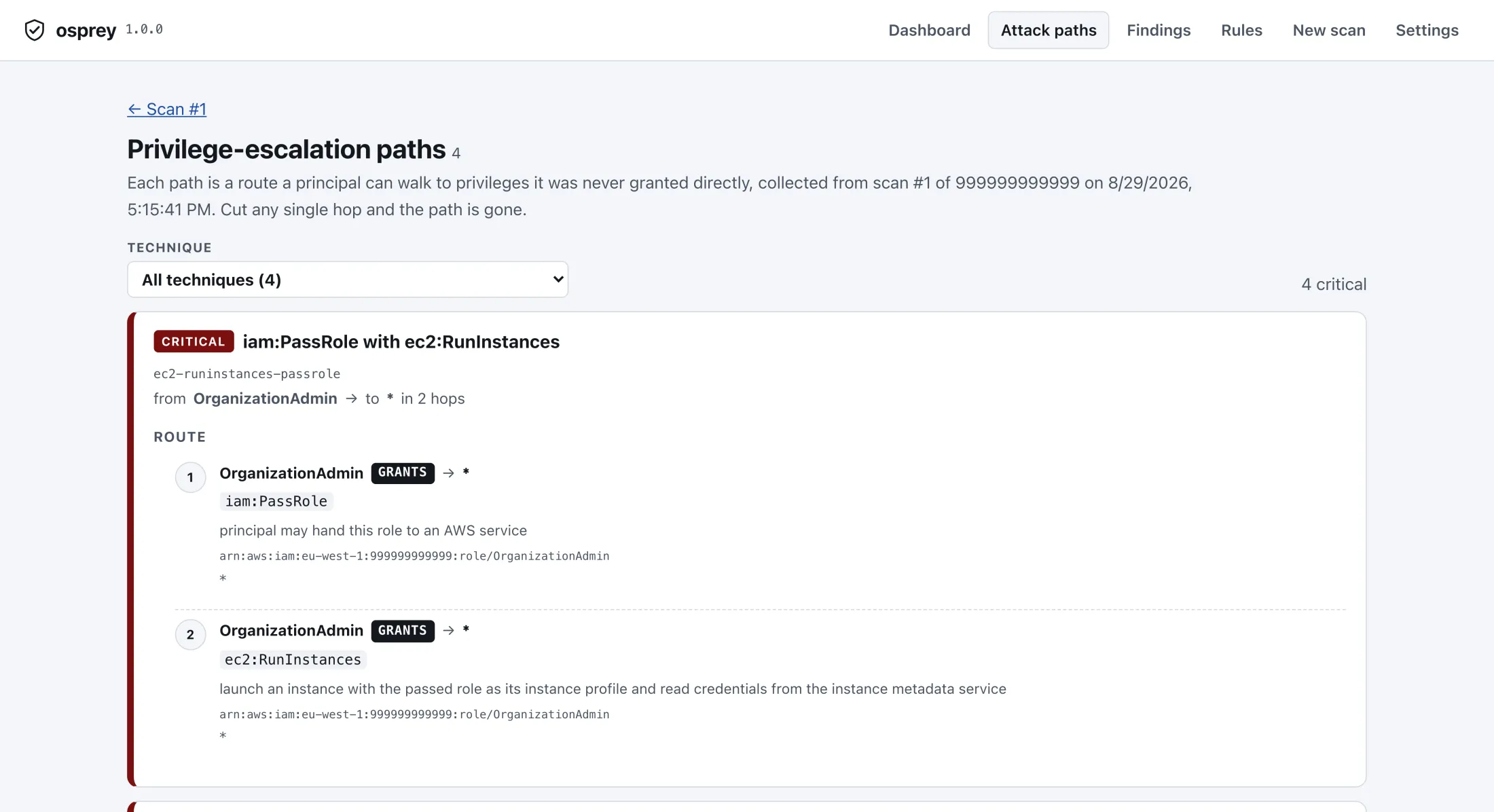 Privilege-escalation paths listed hop by hop, from a role to a wildcard grant.
